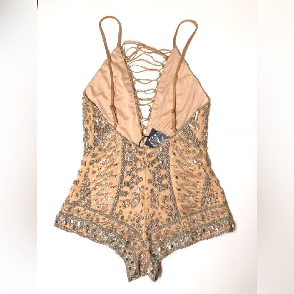 X by NBD Pandora Romper Champagne Allover Beading Plunging Lace Up Festival - Picture 9 of 15